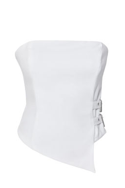 Beyaz Straplez Fitted Kemer Toka Detayl? Dokuma Bluz TWOSS24BZ00349