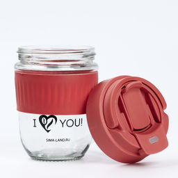 Стакан с крышкой Love You, 350 мл, стекло, красный