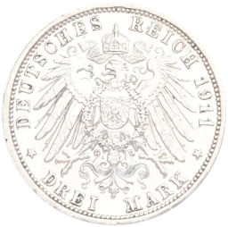 Монета 3 марки 1911 года G Германия (Баден)
