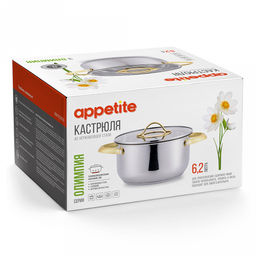 Кастрюля из нержавеющей стали Олимпия 6,2л, д21,5см, h14,7см, s0,4мм, дно s2,4мм, стеклянная крышка, подарочная коробка, Appetite (Китай) - Домашняя мода фото 4