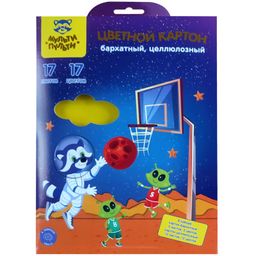 Цветной картон Мульти-Пульти целлюлозный А4 12л. 12цв. + бархатный А4 5л. 5цв. "Енот в космосе" (КЦб5ц12А4_38718)