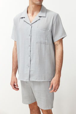 Gri Regular Fit Gomlek Yaka Dokuma Sortlu Pijama Tak?m? TMNSS24PT00022 - Trendyolmilla фото 4