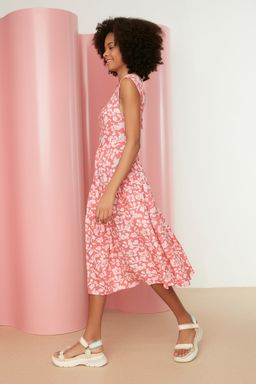 TRENDYOLMILLA Mavi Skater/Belden Ac?lan S?rt Detayl? Cicek Desenli Midi Dokuma Elbise TWOSS21EL0709 фото 27