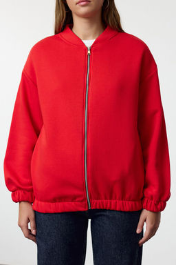 K?rm?z? Fermuarl? Oversize/Genis Kal?p Kal?n Ici Polarl? Orme Sweatshirt TWOAW25SW00122