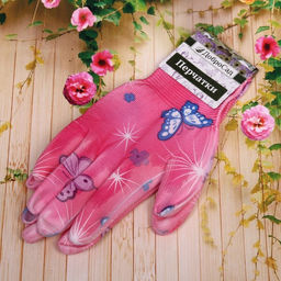 Цена за 12 шт. Перчатки нейлоновые "Фантазия-Бабочки" с ПВХ покрытием полуоблитые 8 р-р ДоброСад