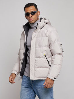 Куртка спортивная болоньевая мужская зимняя с капюшоном светло-бежевого цвета 3111SB