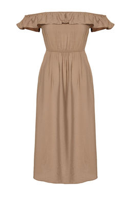 Vizon Duz Kesim Carmen Yaka Keten Gorunumlu Maxi Dokuma Elbise TWOSS24EL00691 - Trendyolmilla фото 7