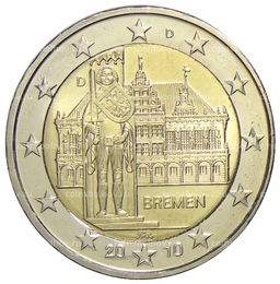 Монета 2 евро 2010 года D Германия  Городская ратуша и Роланд, Бремен