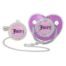 Соска - пустышка силиконовая ортодонтическая M&B JUICY, от 6 мес., с колпачком, держатель - цепочка, розовая, со стразами