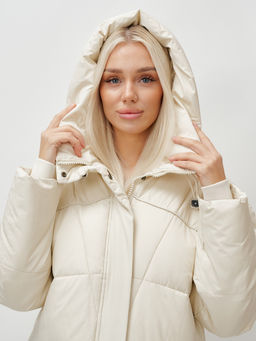 Пальто летучая мышь женское с капюшоном зимнее бежевого цвета 9616B - Mtforce фото 3