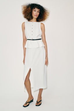 VESTIDO MIDI CINTUR?N / Blanco roto