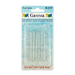 Иглы для шитья ручные Gamma N-317 для вышивания двусторонние №24 6 шт. в блистере с ушком посередине