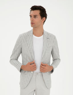 A__k Gri Slim Fit Y_n Keten Kar___ml_ Ceket