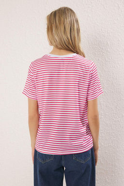 TRENDYOLMILLA Kahverengi-Bej-Haki Cizgili 3lu Paket Basic Bisiklet Yaka Orme T-Shirt TWOSS20TS0146  фото 6