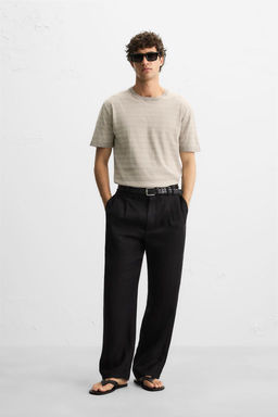 STRIPED KNITTED COTTON-LINEN T-SHIRT