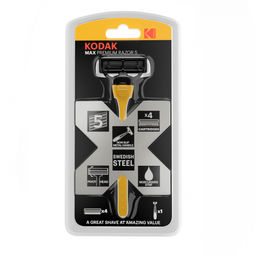 Станок многоразовый для бритья Kodak, MAX Prem Razor 5, 5 лезвий, 4 кассеты, смазочная полоска, плавующая головка, цвет: чёрный, жёлтая вставка