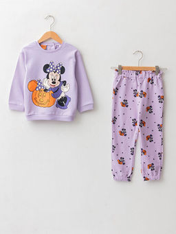 Bisiklet Yaka Uzun Kollu Minnie Mouse Bask?l? Pamuklu K?z Bebek Sweatshirt ve Pantolon 2li Tak?m