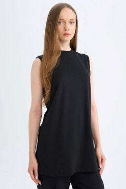 Siyah Regular Fit Bisiklet Yaka Kolsuz Basic Duz Tunik