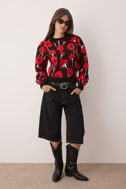 Siyah Yumusak Dokulu Cicekli Triko Kazak TWOAW26KZ00146 - Trendyolmilla фото 2