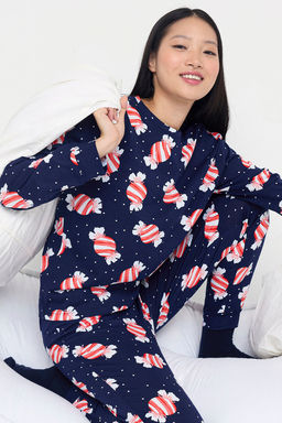 Teen Lacivert %100 Pamuklu Eglenceli Seker Bask?l? Orme Pijama Tak?m? THMAW26PT00018