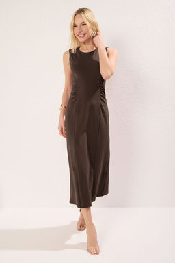 TRENDYOLMILLA Kahverengi Buzgu/Drape Detayl? Bodycone/Vucuda Oturan Ay Kol Midi Orme Elbise TWOSS25EL00229