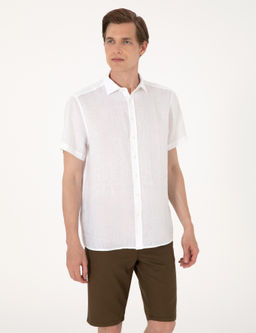 Beyaz %100 Keten Regular Fit K_sa Kollu G_mlek