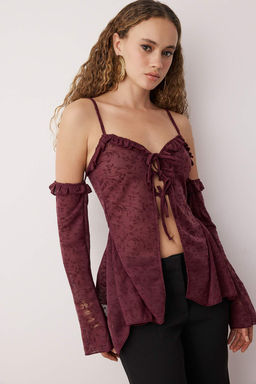 Murdum Cicekli Desenli Baglama Detayl? Boho Dantel Party Bluz TPRAW26BZ00035