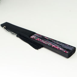 Веер складной h=21 см Цветы и бабочки, чёрный, с кисточкой