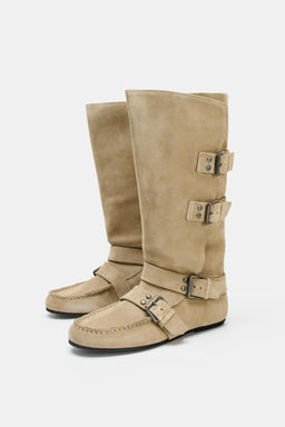 SPLIT SUEDE BUCKLED BOOTS