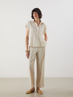 Keten Kar???ml? Kad?n Pileli Pantolon