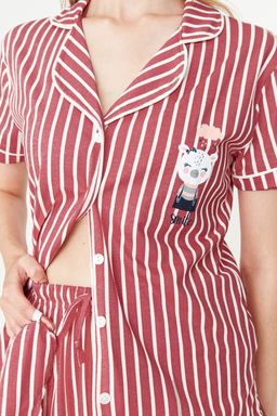 Trendyolmilla Pembe Cizgili Hayvan Bask?l? Gomlek-Pantolon Orme Pijama Tak?m? THMSS21PT0878