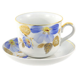 Чашка чайная фарфоровая Синий цветок 450мл, д10,5см, h9см, форма Ностальгия, с блюдцем, с золотом, подарочная упаковка (Россия)