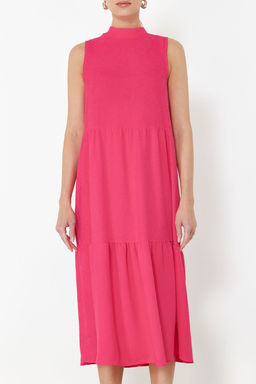 Fusya Bordo Duz Kesim Dik Yaka Midi Aerobin Dokuma Elbise TWOSS20EL1864