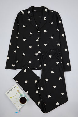 Siyah %100 Pamuklu Kalpli Orme Pijama Tak?m? THMAW21PT0548