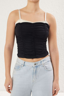 Haki Dantel Detayl? Buzgu/Drapeli Renk Bloklu Fitted/Vucuda Oturan Orme Bluz TWOSS25BZ00028 - Trendyolmilla фото 8