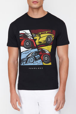 Siyah Araba Bask?l? Oversize/Genis Kesim T-Shirt TMNSS24TS00205