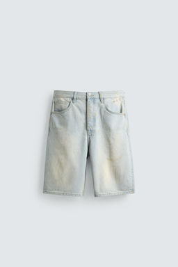 BERMUDA DENIM STRAIGHT FIT LAVADO EFECTO VINTAGE / Azul claro