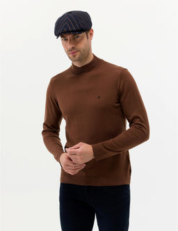 Kahverengi Slim Fit Yar_m Bal_k__ Yaka Basic Triko Kazak