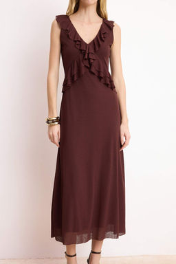 Sar? A-Kesim/Can Form V Yaka Kolsuz Volanl?/F?rf?rl? Midi Kopuk Orme Elbise TWOSS26EL00212 - Trendyolmilla фото 7