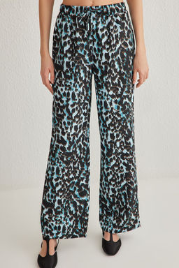 Mavi Beli Lastikli Wide Leg/Genis Paca Leopar Desenli Dokuma Pantolon TWOSS25PL00005