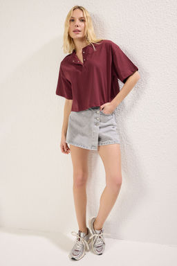 Bordo Kal?n Pamuklu Relaxed/Rahat Kal?p Crop Truvakar Kol C?tc?tl? Orme T-Shirt TWOSS25TS00021