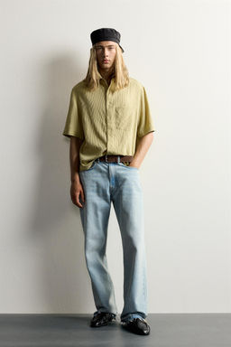 CAMISA BOXY FIT JACQUARD RAYAS / Amarillo