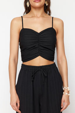 Siyah Dokuma Dokulu Bluz Pantolon Plaj Tak?m TBESS24AU00076