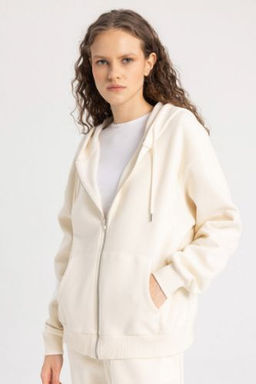Relax Fit Kapusonlu Cepli Basic Duz Fermuarl? Sweatshirt