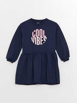 Bisiklet Yaka Bask?l? Uzun Kollu K?z ?ocuk Elbise
