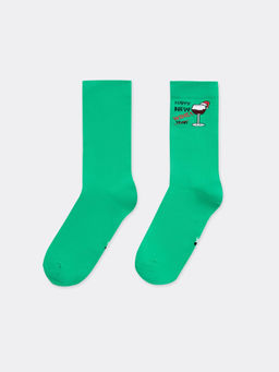 Цена за 5 пар! Носки женские зеленые с рисунком в виде бокала и надписей