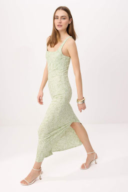 Yesil Cicekli Shift/Duz Carmen Yaka Kolsuz Esnek Orme Elbise TWOSS26EL00472