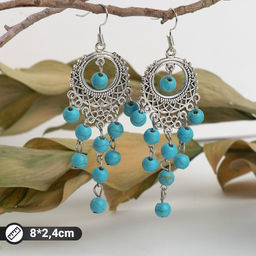 Серьги Бирюзовый мир круг и 5 дорожек бусинок, голубые в чернёном серебре