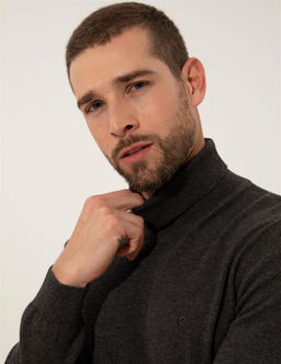 Gri Melanj Slim Fit Bal_k__ Yaka Basic Triko Kazak