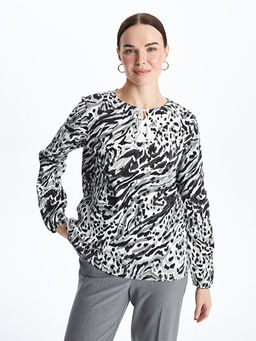 Ba?lamal? Yaka Desenli Uzun Kollu Kad?n Bluz